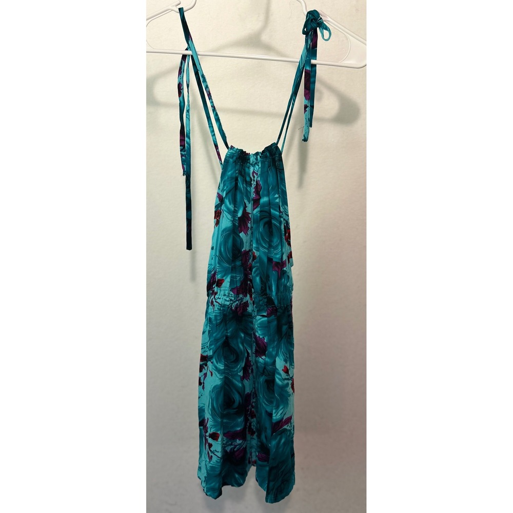 The Wow Now Teal Floral Halter Top Smocked Waist Rayon One Size OS